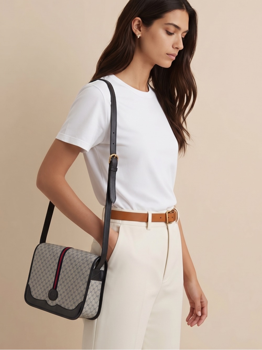 Gucci Grey GG Supreme crossbody with Black trim and red-blue stripe.